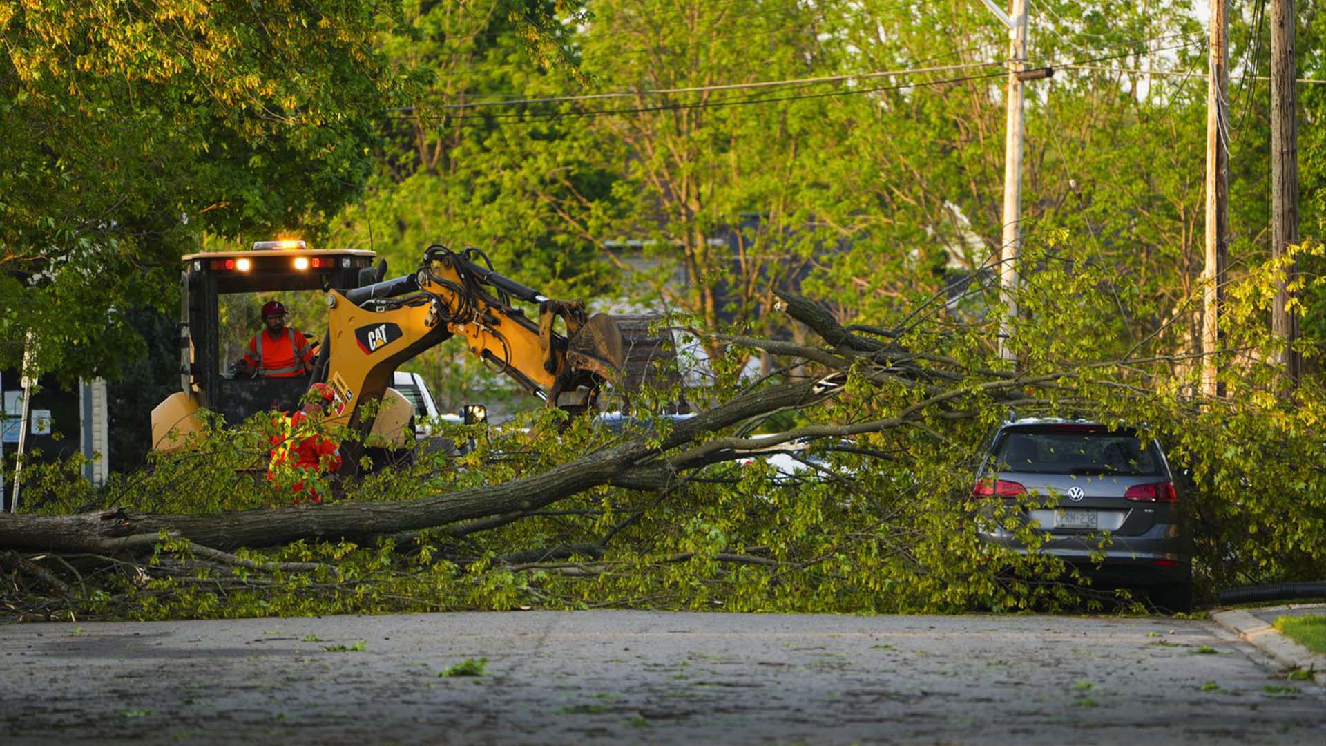 Des équipes enlèvent un arbre d'une voiture à la suite d'une tempête majeure à Carleton Place, en Ontario. le samedi 21 mai 2022.