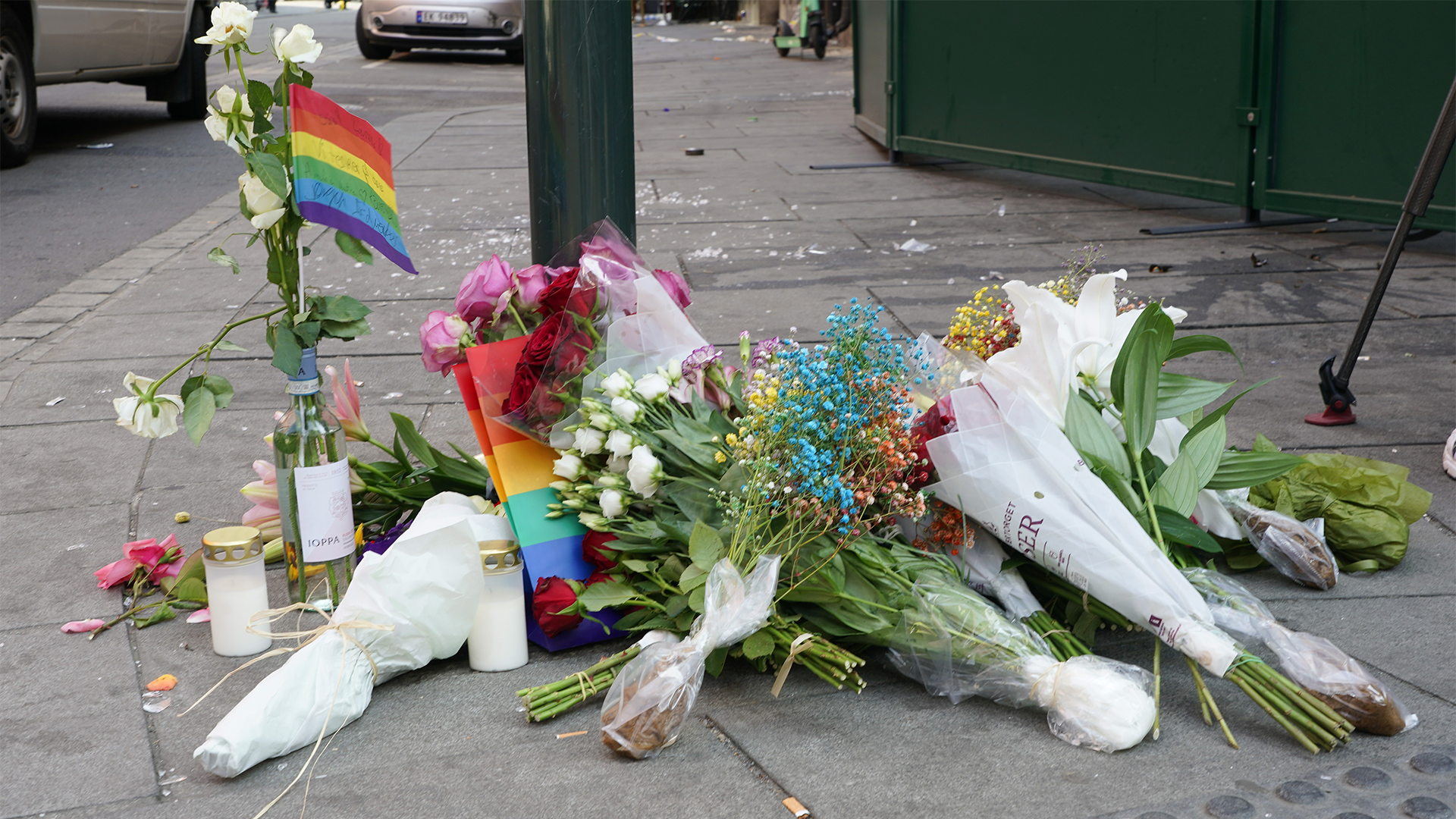 Des fleurs sont laissées en hommage aux victimes de la fusillade d'Oslo.