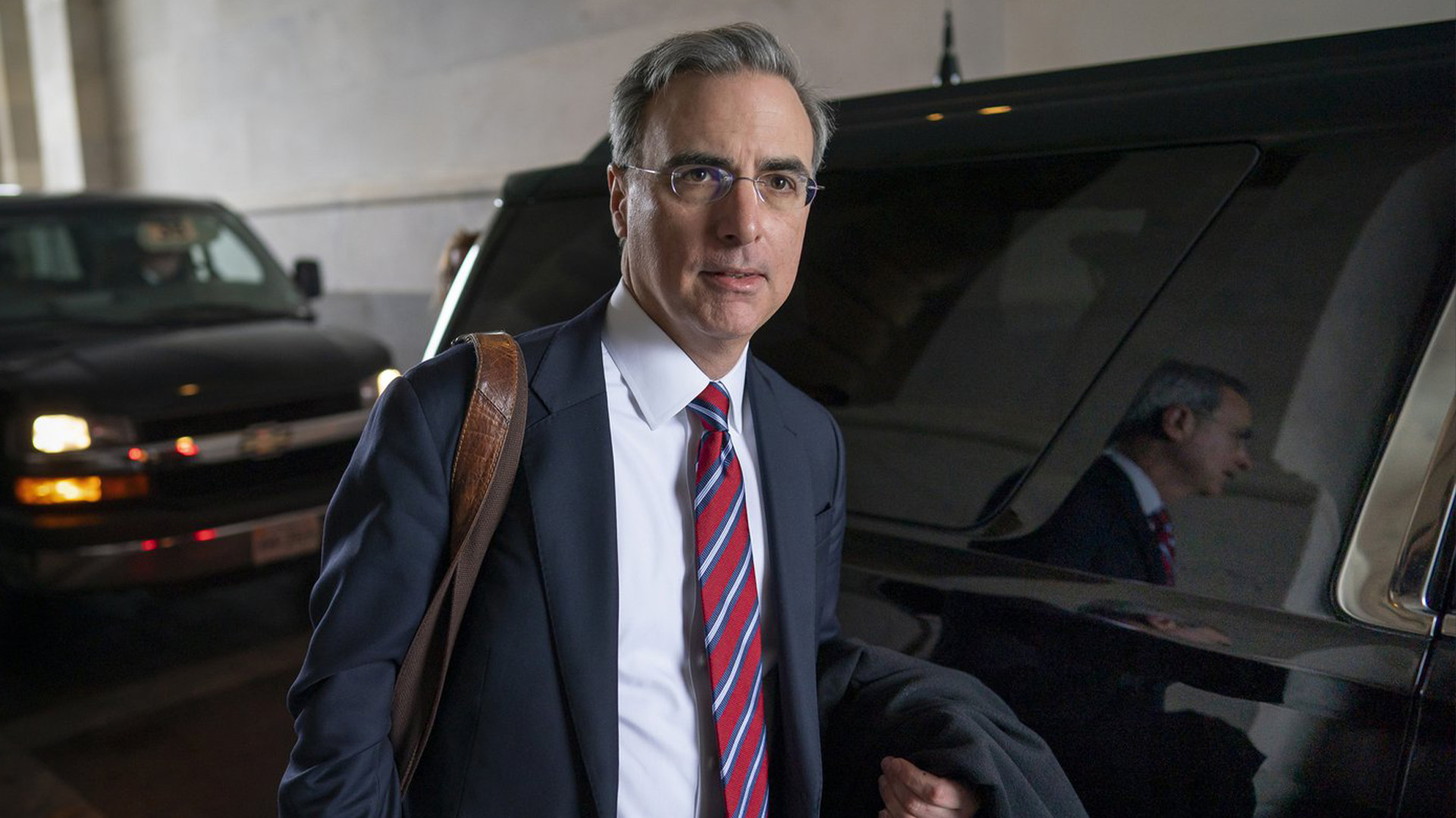 White House counsel Pat Cipollone departs the U.S. Capitol following defense arguments in the impeachment trial of President Donald Trump on charges of abuse of power and obstruction of Congress, in Washington, Saturday, Jan. 25, 2020. 