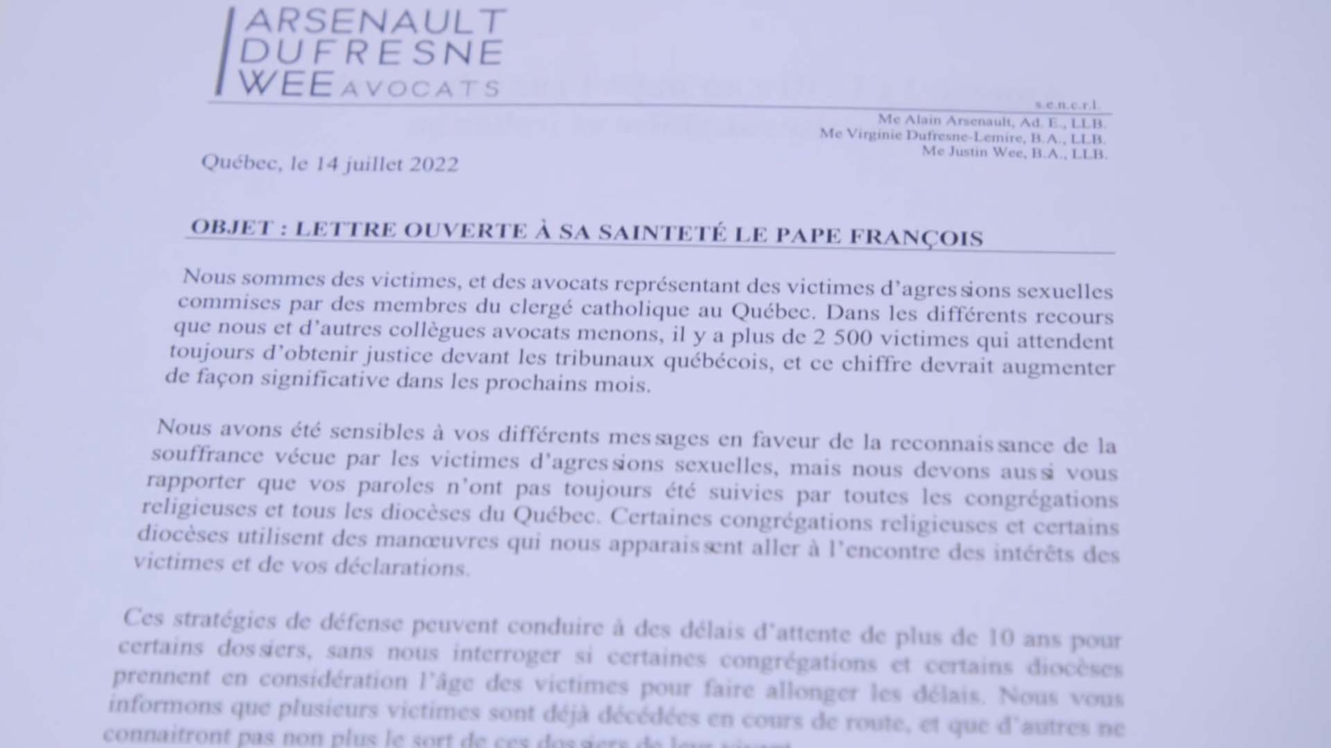 Une lettre écrite par les victimes de prêtres atelle été acheminée au