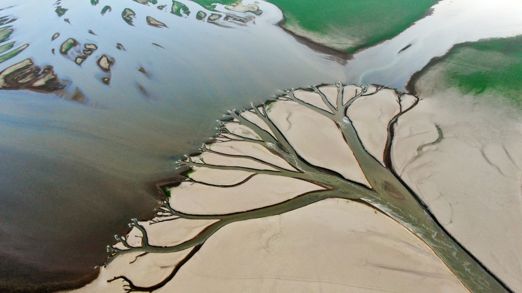 L'eau circule à travers des canaux dans le lit du lac Poyang, le plus grand lac d'eau douce de Chine, dans la province du Jiangxi (est de la Chine), le 22 août 2022