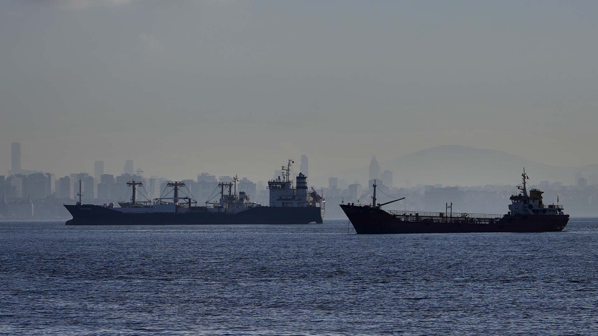  Des cargos ancrés dans la mer de Marmara attendent de traverser le détroit du Bosphore à Istanbul, en Turquie, le mardi 1er novembre 2022. 