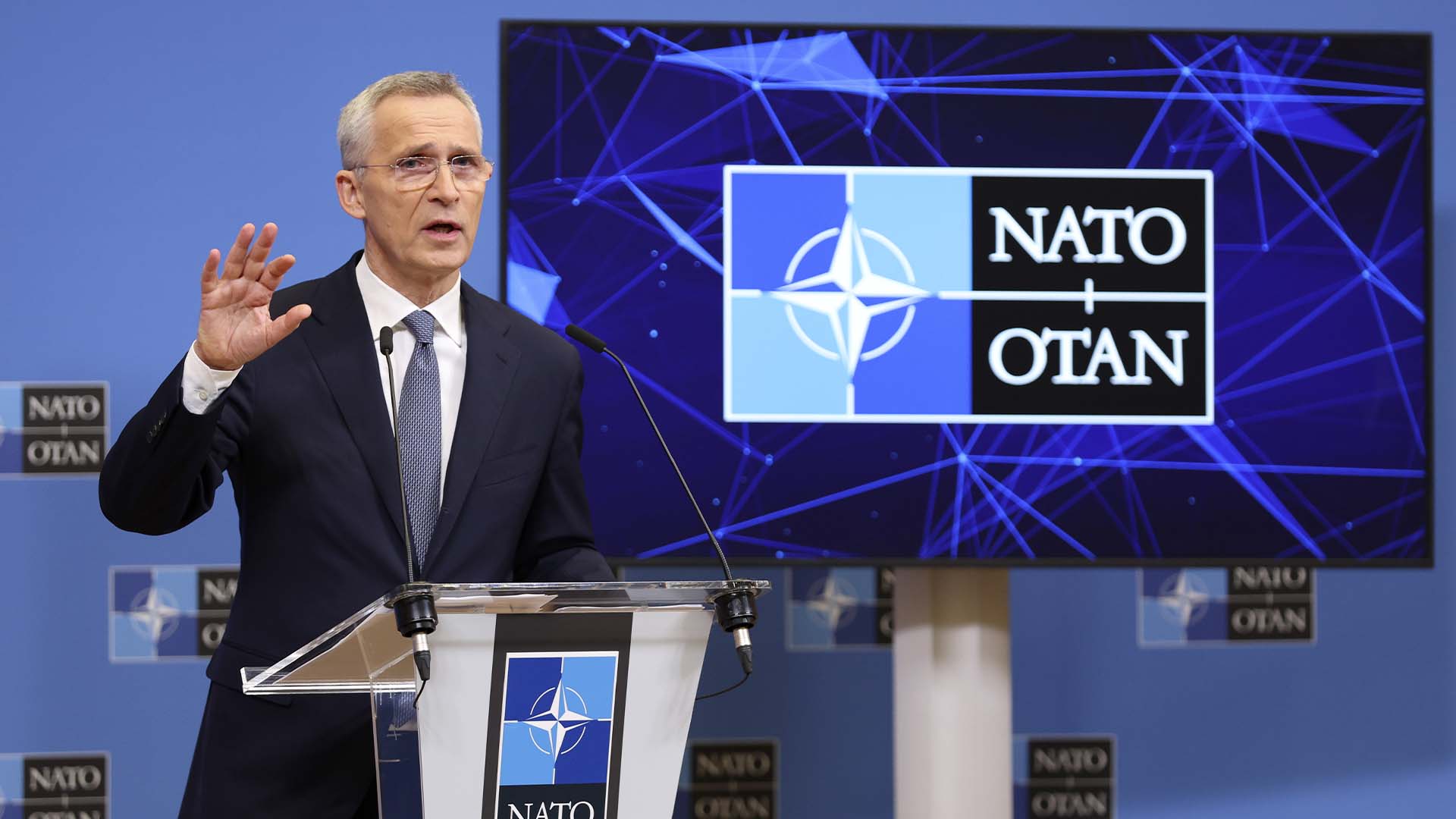 Le secrétaire général de l'OTAN, Jens Stoltenberg, s'exprime lors d'une conférence de presse, à Bruxelles, le lundi 3 avril 2023. 