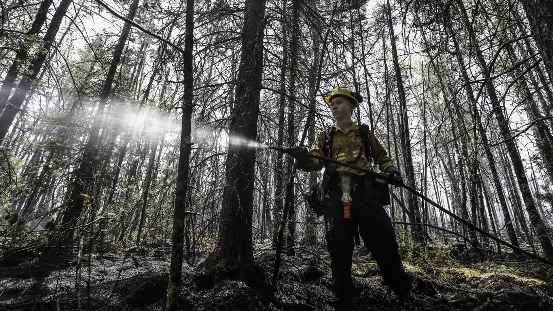 Kalen MacMullin, pompier du ministère des Ressources naturelles et des Énergies renouvelables de Sydney, N.-É. travaille sur un incendie dans le comté de Shelburne, N.S. dans une photo du jeudi 1er juin 2023.