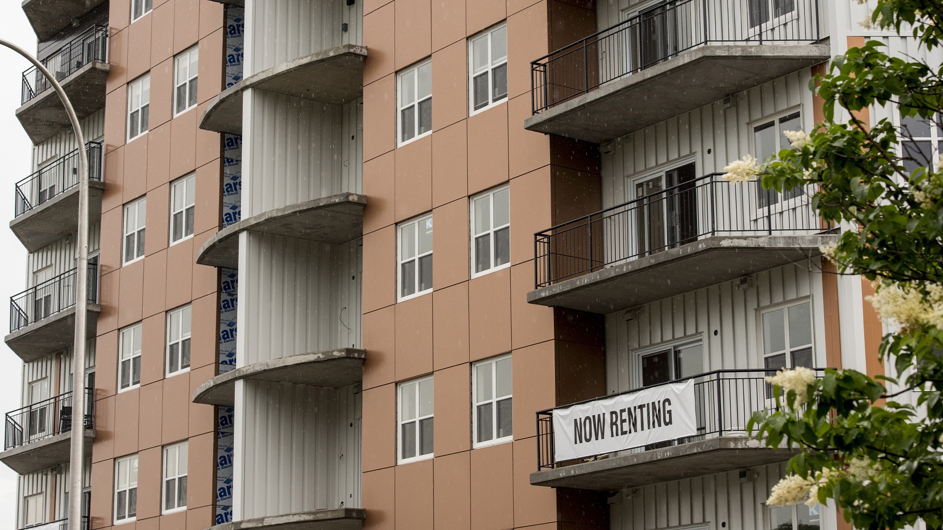 Un panneau annonce des appartements à louer dans un immeuble d'habitation à Fredericton, le 5 juillet 2023.