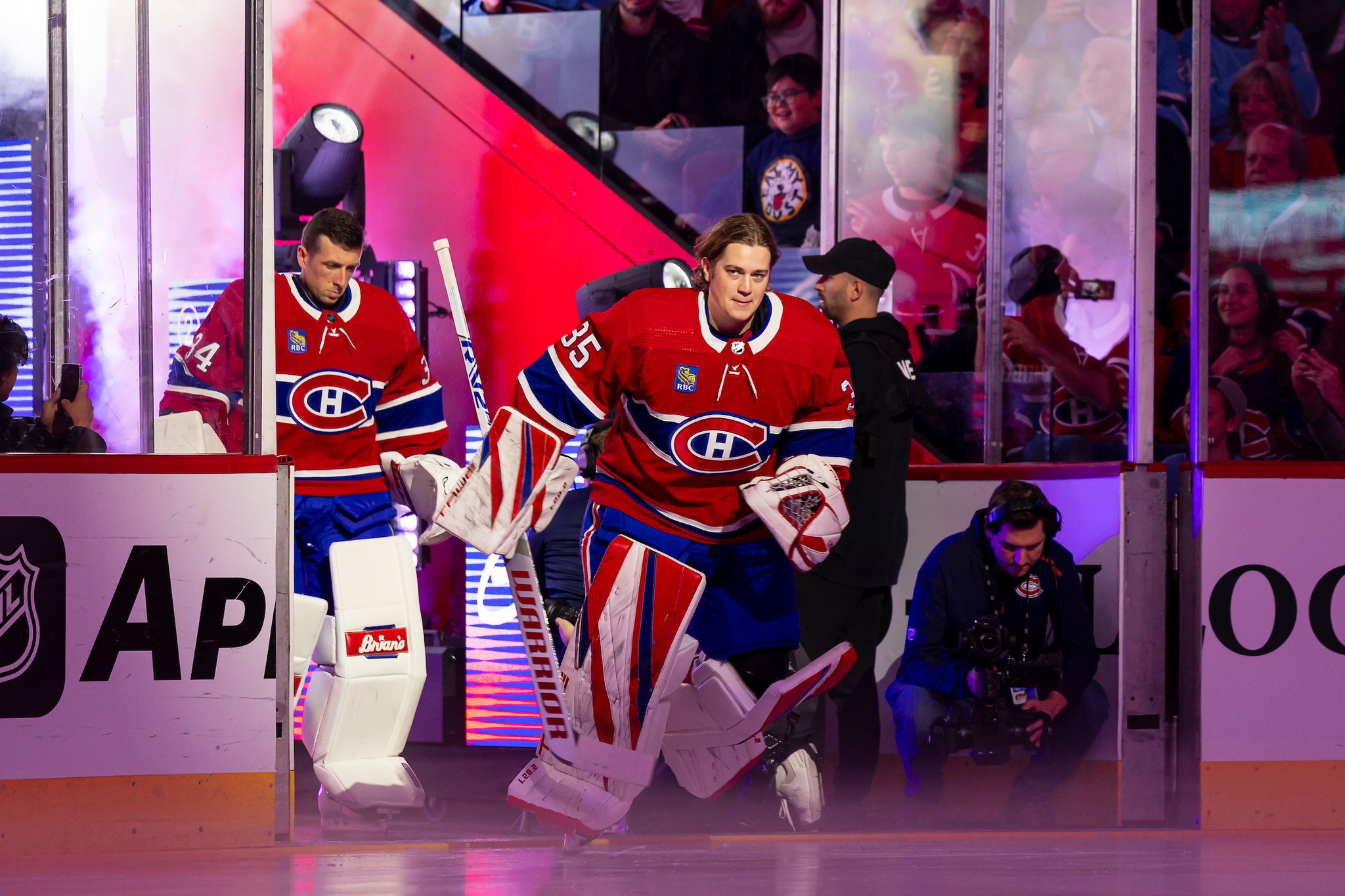 MONTREAL, CANADA - OCTOBER 14: Sam Montembeault #35 of the Montreal Canadiens is presented during the 2023-2024 season’s opening ceremony before the NHL regular season game between the Montreal Canadiens and the Chicago Blackhawks at the Bell Centre on October 14, 2023 in Montreal, Quebec, Canada. (Photo by Vitor Munhoz/NHLI via Getty Images)