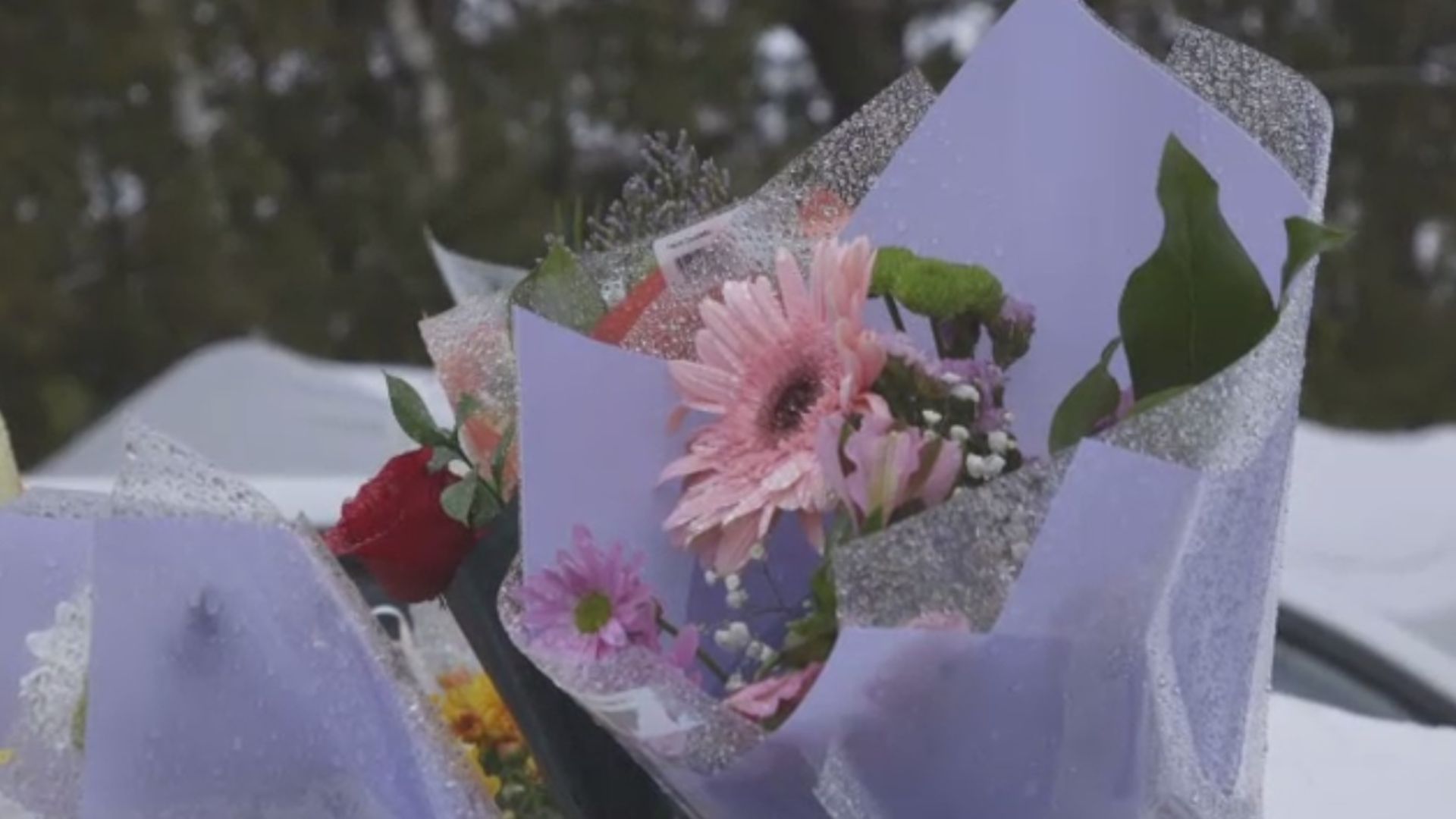 Des fleurs laissées devant la maison de Jacques Côté, en avril 2022.