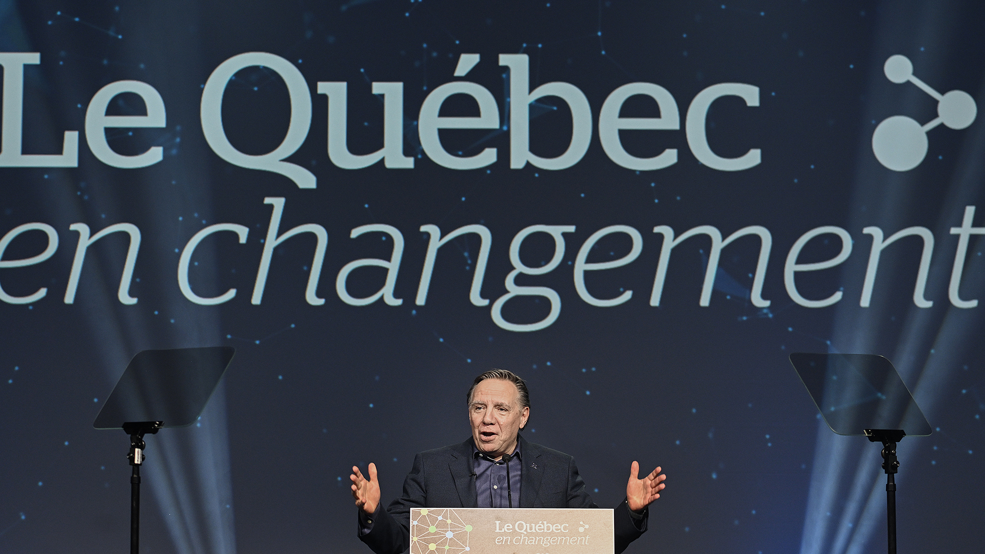 Le premier ministre du Québec, François Legault, prend la parole lors du conseil général du parti à Saint-Hyacinthe, le samedi 25 mai 2024. 