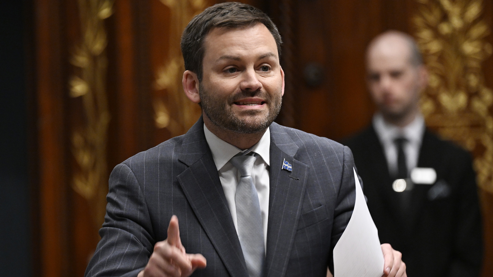 Le chef du Parti québécois, Paul St-Pierre Plamondon, prend part à la période des questions à l'Assemblée nationale, à Québec, le 9 mai 2024. 