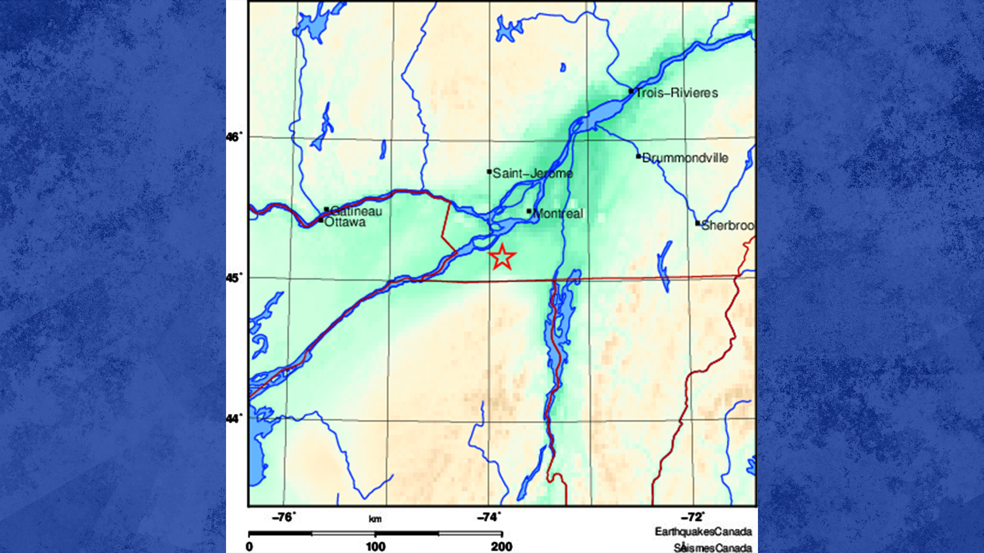 La secousse a été enregistrée à 22 km de Valleyfield et à 27 km de Châteauguay. 