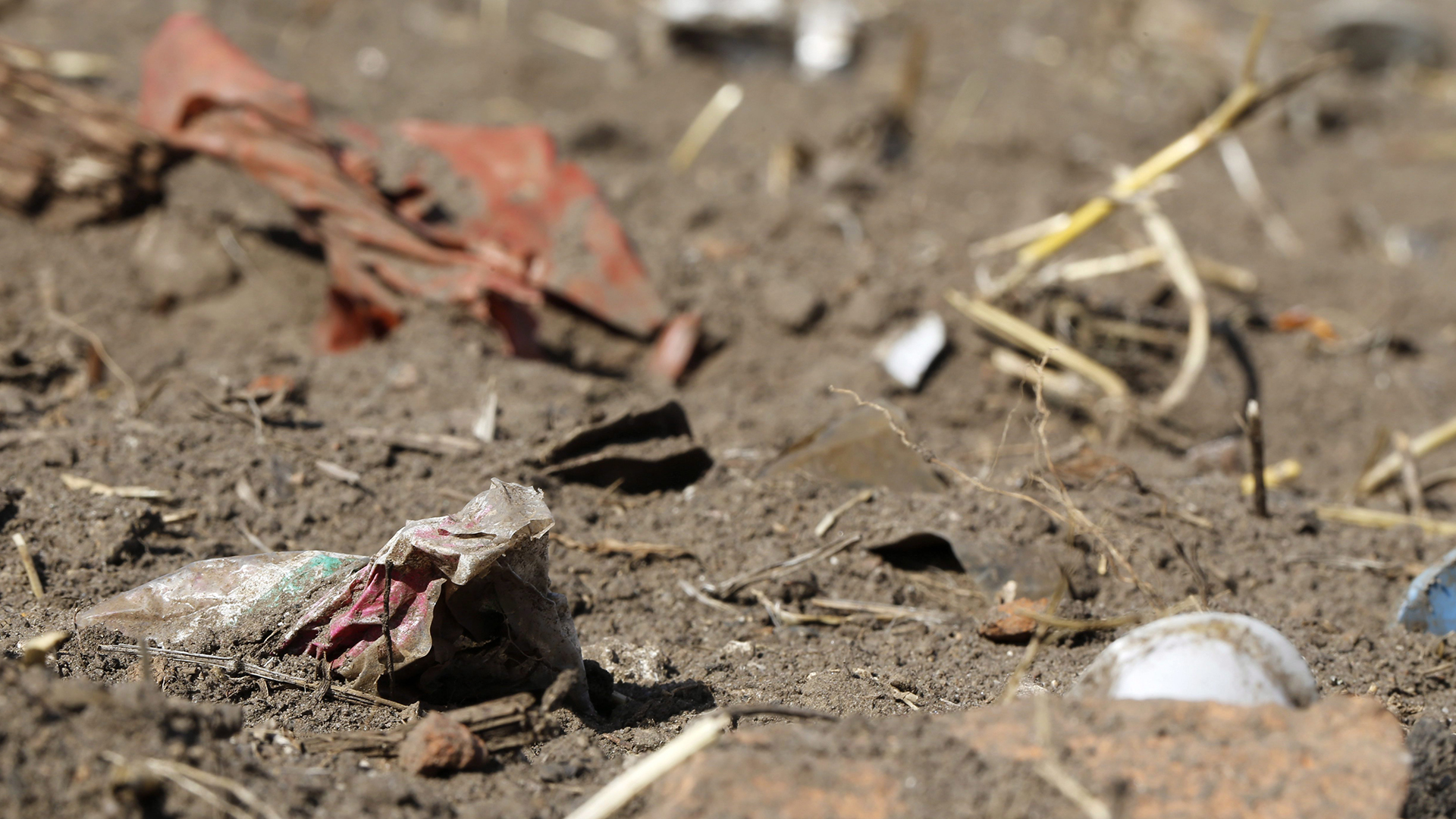 Sur cette photo du 9 septembre 2018, des déchets plastiques se trouvent dans un champ fraîchement cultivé à Nauen, en Allemagne.