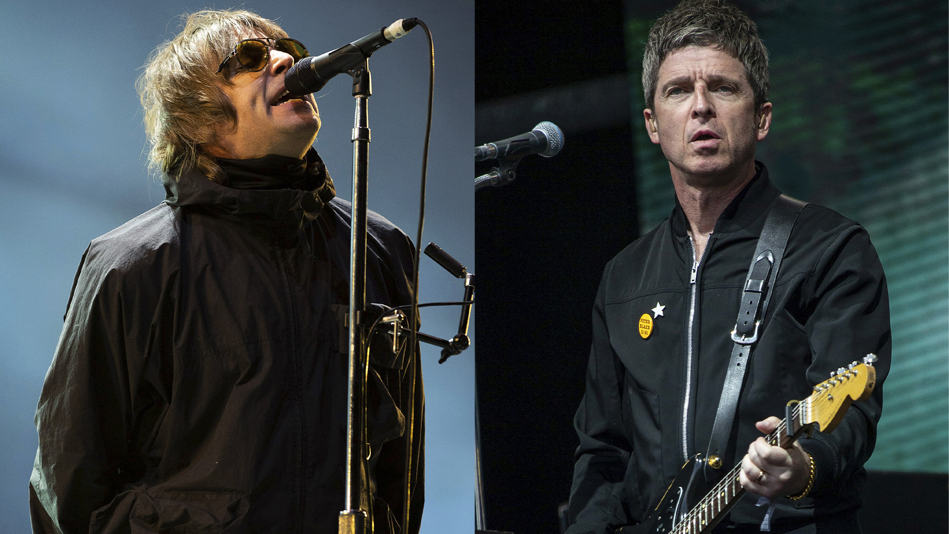 Liam Gallagher se produit au festival de musique de Reading, en Angleterre, le 29 août 2021, à gauche, et Noel Gallagher se produit au festival de Glastonbury à Worthy Farm, Somerset, en Angleterre, le 25 juin 2022. 