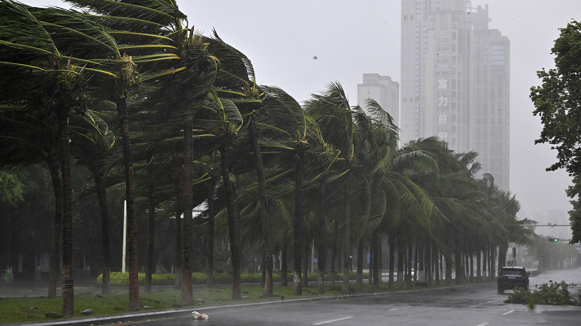 Sur cette photo publiée par l'agence de presse Xinhua, un véhicule passe devant des arbres le long d'une route à Haikou après l'arrivée du typhon Yagi, dans la province de Hainan, dans le sud de la Chine, le vendredi 6 septembre 2024. 