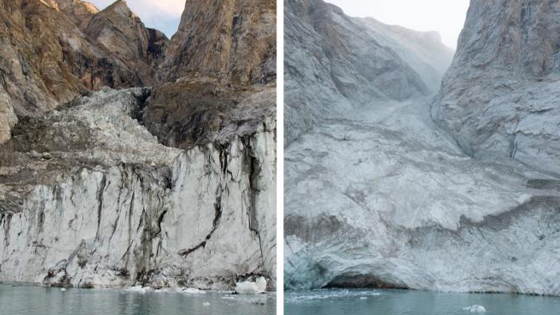 De gauche à droite : photos avant (août 2023) et après (septembre 2023) du sommet de la montagne et du glacier, prises depuis le fjord.