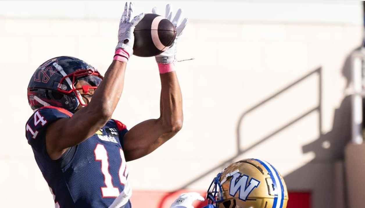 Le receveur des Alouettes Charleston Rambo (14) a marqué le premier touché des Montréalais contre les Blue Bombers de Winnipeg, le samedi 26 octobre 2024, à Montréal.