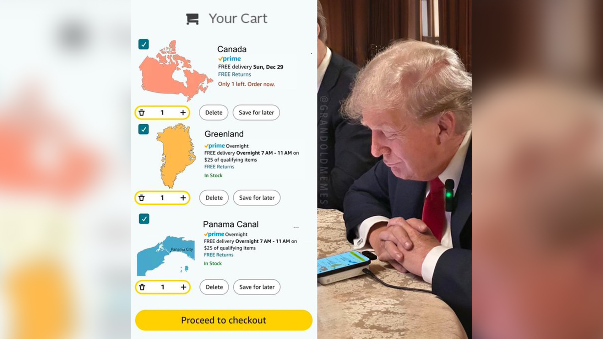 Une montage trafiqué de Trump qui fait mine d'acheter le Canada, le Groenland et le canal de Panama sur Amazon.