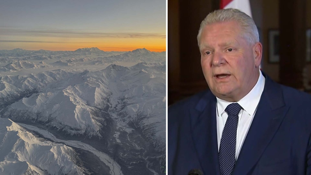 Le premier ministre de l'Ontario, Doug Ford, est vu à côté d'une image de l'Alaska dans cette image combinée.