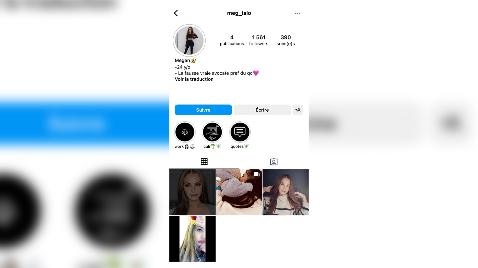 «La fausse vraie avocate pref du Québec», également connue sous les comptes @meg_lalo sur Instagram et @megoune sur TikTok.