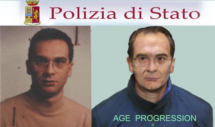 A composite picture showing a computer generated image released by tihe Italian Police, right, and a picture of Mafia top boss Matteo Messina Denaro. Italian police say Monday, Jan. 16, 2023, they arrested Italy's No. 1 fugitive, Sicilian Mafia boss Matteo Messina Denaro, on run for 30 years. (Italian Police, LaPresse via AP)