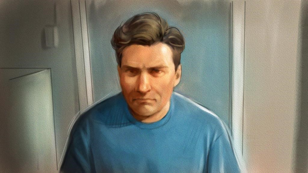 Paul Bernardo is shown in this courtroom sketch during Ontario court proceedings via video link in Napanee, Ont., on October 5, 2018. The childhood friends of Kristen French says they were forced to relive the anguish and fear of losing their friend by Correctional Service of Canada's decision to transfer her killer to a medium-security prison. THE CANADIAN PRESS/Greg Banning