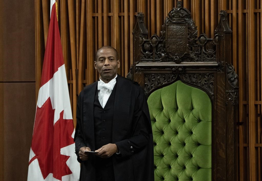 House of Commons Speaker Greg Fergus is apologizing after a video message he filmed for the former interim leader of the Ontario Liberals was played at the party's convention on the weekend. Fergus rises during Question Period, in Ottawa, Thursday, Nov. 23, 2023. THE CANADIAN PRESS/Adrian Wyld