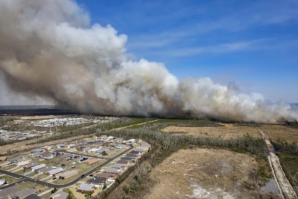 FILE - A fast-moving wildfire looms over homes outside of Panama City, Fla., March 4, 2022. Florida state and federal officials said Thursday, April 6, 2023, that the threat of wildfires is growing in Florida over the coming weeks as more than half the state is experiencing severe to extreme drought conditions likely to persist until rainy season resumes around mid-May. (Mike Fender/News Herald via AP, File)