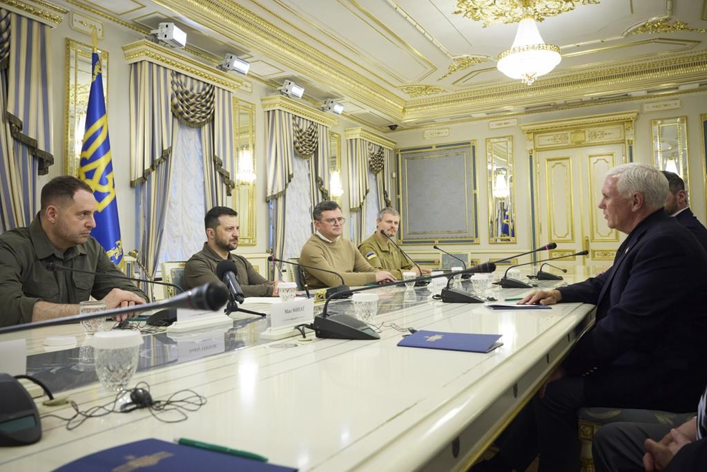 In this photo provided by the Ukrainian Presidential Press Office, Ukrainian President Volodymyr Zelenskyy, second left, listens to former US Vice President Mike Pence, right, during their meeting in Kyiv, Ukraine, Thursday, June 29, 2023. (Ukrainian Presidential Press Office via AP)