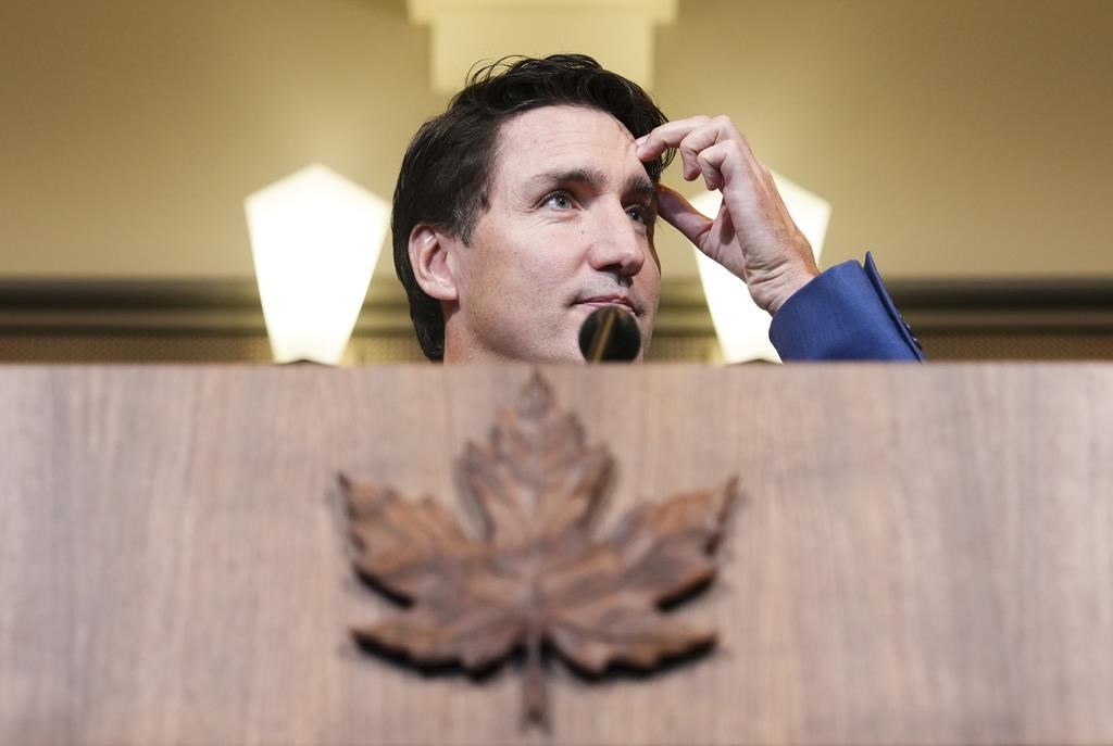 <p>Prime Minister Justin Trudeau holds a press conference on Parliament Hill in Ottawa on Thursday, Oct. 24, 2024. Trudeau is supposed to respond today to a group of Liberal MPs demanding his resignation, but the prime minister has already made his plans clear. THE CANADIAN PRESS/Sean Kilpatrick</p>