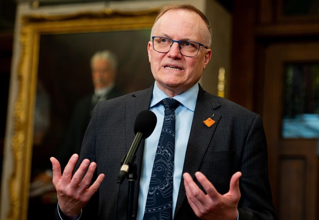 NDP House leader Peter Julian speaks in the foyer of the House of Commons on Parliament Hill in Ottawa, on Tuesday, May 7, 2024. Julian says his party has more work it wants to do in the House of Commons before the next election.THE CANADIAN PRESS/Spencer Colby