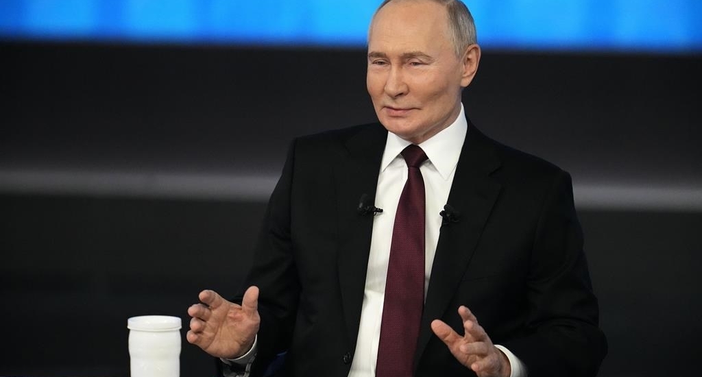 Russian President Vladimir Putin speaks during his annual news conference and call-in show at Gostinny Dvor in Moscow, Russia, Thursday, Dec. 19, 2024. (AP Photo/Alexander Zemlianichenko)