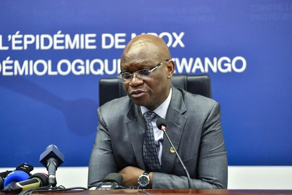 Congo's Health Minister Roger Kamba speaks, during a press conference, in Congo, Kinshasa, Thursday, Nov 5, 2024. (AP Photo/Samy Ntumba Shambuyi)