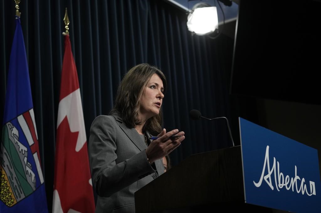 Alberta Premier Danielle Smith speaks during a news conference in Calgary on Friday, Oct. 13, 2023. A professor who specializes in the law and children's rights says policy changes affecting transgender Albertans are concerning. THE CANADIAN PRESS/Todd Korol