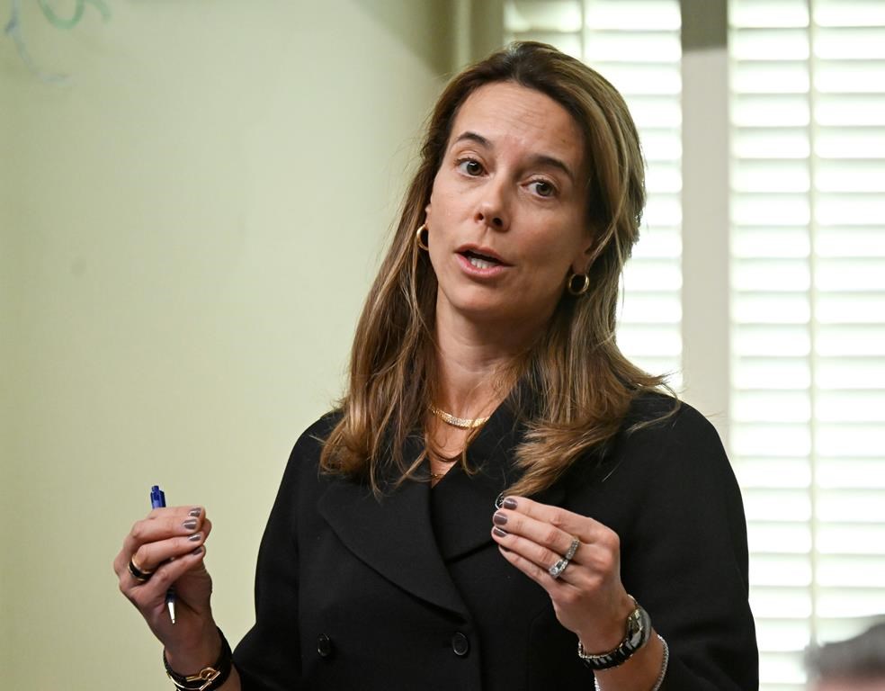 La ministre québécoise responsable de l'Habitation France-Elaine Duranceau répond à l'opposition lors de la période des questions, à l'Assemblée législative de Québec, le mardi 30 janvier 2024.