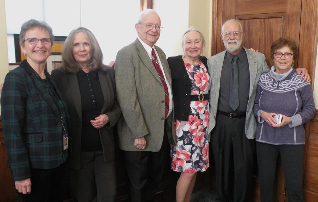 Dr. Fern Desjardins, St. Agatha; (left to right) Cathie Pelletier, Allagash; Richard L'Heureux, Sanford native and Topsham resident; Cecile Thornton, Lewiston; Denis Ledoux, of Lewiston and Lisbon; and previous Hall of Fame inductee Doris Bonneau attend a Francophonie Day event at the Maine State House in Augusta, Maine on Tuesday, March 12, 2024 in a handout photo. THE CANADIAN PRESS/HO-Juliana L'Heureux **MANDATORY CREDIT** 