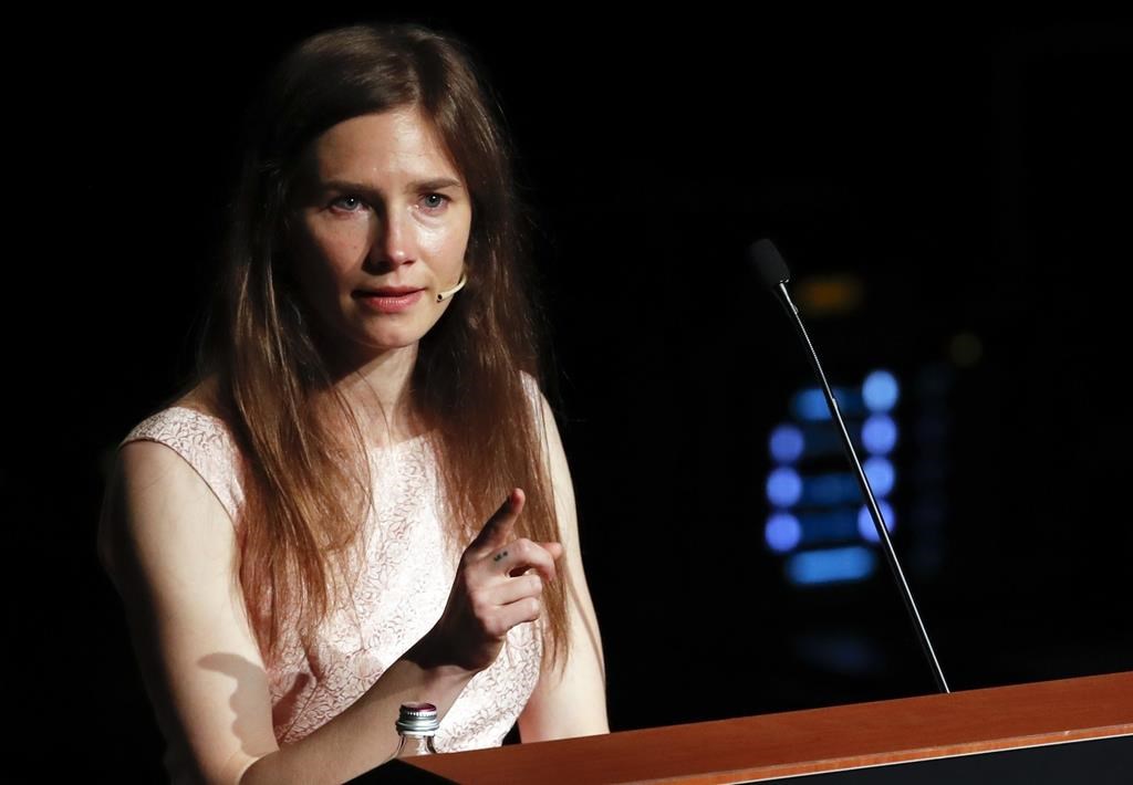 FILE - Amanda Knox speaks at a Criminal Justice Festival at the University of Modena, Italy, on June 15, 2019. A Florence appeals court on Wednesday, April 10, 2024, opens a new slander trial against Amanda Knox based on a 2016 European Court of Human Rights decision that her rights were violated during a long night of questioning into the murder of her British roommate without a lawyer and official translator. (AP Photo/Antonio Calanni, File)