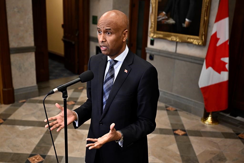 Minister of International Development Ahmed Hussen speaks in the foyer of the House of Commons before question period on Parliament Hill in Ottawa, Thursday, Feb. 15, 2024. Foreign aid groups are hailing the federal government's decision to resume spending more on humanitarian and development spending each year. THE CANADIAN PRESS/Justin Tang