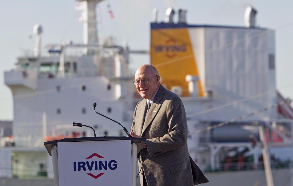 Arthur L. Irving, the second-born son of New Brunswick industrialist K.C. Irving, has died at the age of 93 after a life spent growing the oil business that his father founded. Irving, then chairman of Irving Oil, takes to the podium during the grand opening of the Halifax Harbour Terminal in Dartmouth, N.S., Thursday, Oct. 20, 2016. THE CANADIAN PRESS/stringer