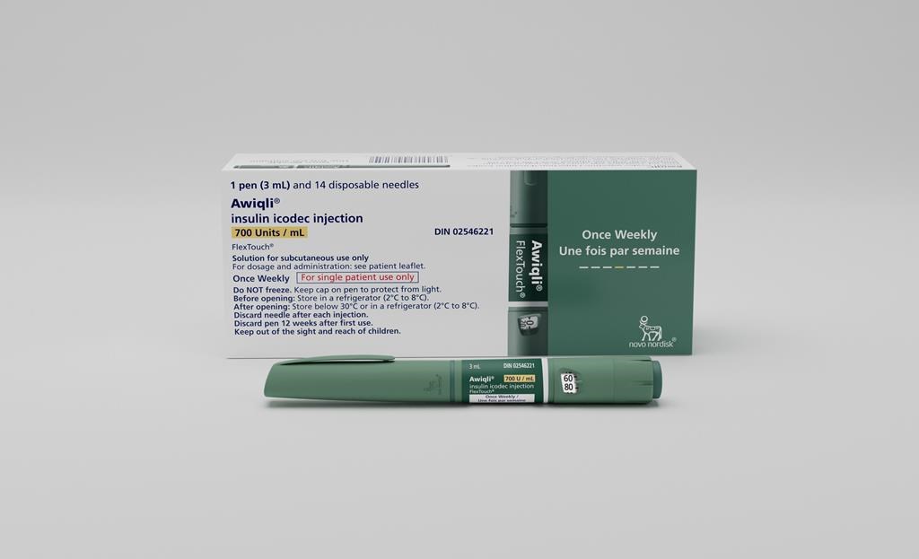 Insulin icodec, which will be sold under the brand name Awiqli, is shown in this handout photo. Many people with diabetes in Canada will soon be able to take insulin once a week instead of daily, drug manufacturer Novo Nordisk announced on Monday. THE CANADIAN PRESS/HO-Novo Nordisk Canada
*MANDATORY CREDIT *