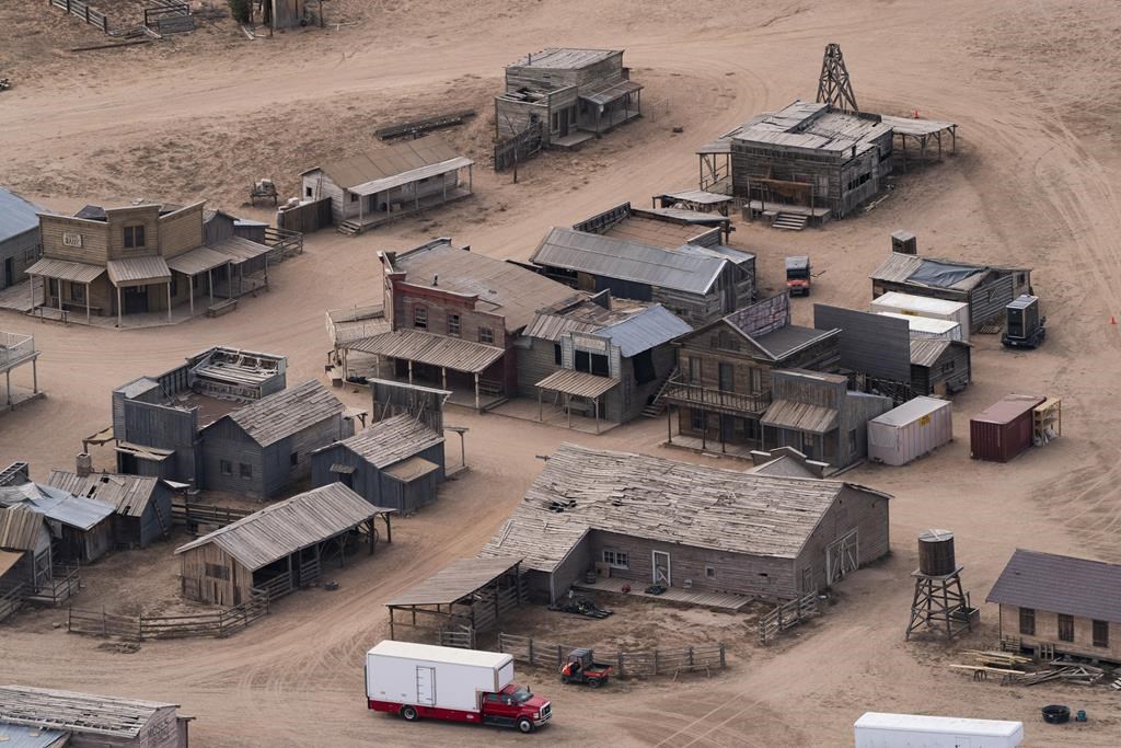 FILE - This aerial photo shows the Bonanza Creek Ranch in Santa Fe, N.M, Oct. 23, 2021, used for the film "Rust." A New Mexico judge is scheduled to consider at a Friday, June 21, 2024, hearing, whether to compel a movie set armorer to testify at actor Alec Baldwin's involuntary manslaughter trial for the fatal shooting of a cinematographer during rehearsal for the Western movie “Rust.” (AP Photo/Jae C. Hong, File)