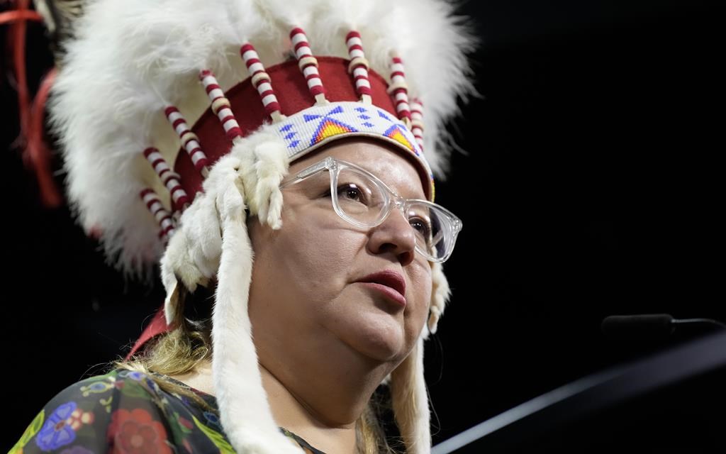 National Chief of the Assembly of First Nations Cindy Woodhouse Nepinak speaks during a news conference on Parliament Hill, in Ottawa, Monday, June 3, 2024. THE CANADIAN PRESS/Adrian Wyld