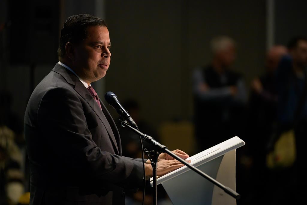 Crown-Indigenous Relations Minister Gary Anandasangaree speaks during a celebration in Iqaluit marking the 25th anniversary of the creation of Nunavut on April 1, 2024. THE CANADIAN PRESS/Dustin Patar