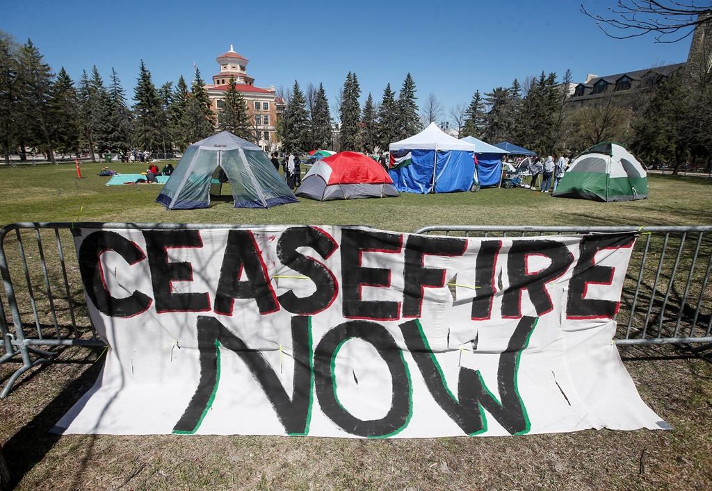 A pro-Palestinian encampment at the University of Manitoba has been dismantled, more than two months after it was set up. Pro-Palestinian protester tents on The Quad at the University of Manitoba in Winnipeg on Wednesday, May 8, 2024. THE CANADIAN PRESS/John Woods