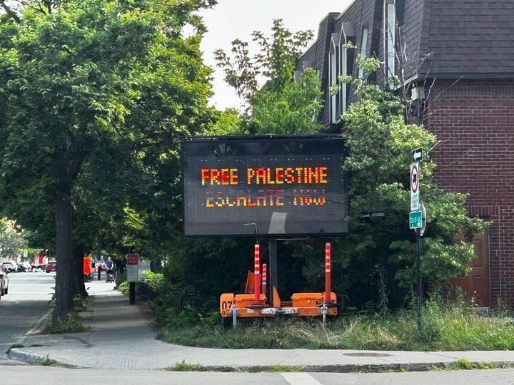 Some in Montreal’s Jewish community are looking for answers after electronic message boards, one shown here in this image provided by the Centre for Israel and Jewish Affairs, at two different construction sites in the city displayed political slogans “Free Palestine” and “Escalate now” in an apparent hack, instead of the usual traffic delay and detour warnings. THE CANADIAN PRESS/HO-Centre for Israel and Jewish Affairs 
*MANDATORY CREDIT*