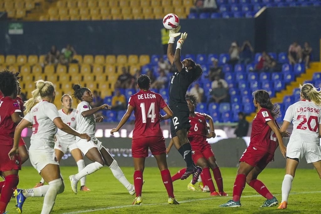 Panama's goalkeeper, Yenith Bailey, centre, catches the ball during a CONCACAF Women's Championship soccer match against Canada in Monterrey, Mexico, Friday, July 8, 2022. A complaint was filed against Canada at the 2022 CONCACAF W Championship, alleging the Canadian team had used a drone to watch a rival country's training session. THE CANADIAN PRESS/AP, Fernando Llano