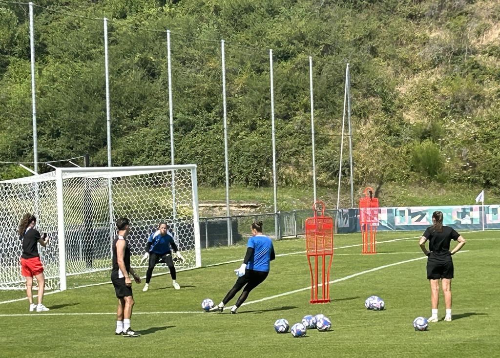 <p>Slotted in a valley along the hilly neighbourhoods on the outskirts of this small French city sits a modest two-field soccer complex that became the controversy epicentre for a reeling Canada Soccer program. Members of Canada's women's soccer team train at Stade Auguste Dury in Saint-Etienne, France on Saturday, July 27, 2024. THE CANADIAN PRESS/Greg Strong</p>