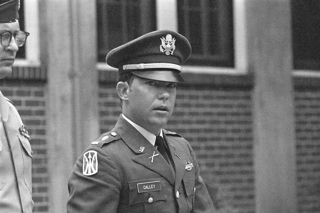 FILE - Lt. William L. Calley, Jr., pictured during his court martial at Fort Benning, Ga., on April 23, 1971. Calley, who as an Army lieutenant led the U.S. soldiers who killed hundreds of Vietnamese civilians in the My Lai massacre, the most notorious war crime in modern American military history, died on April 28 at a hospice center in Gainesville, Fla., The Washington Post reported Monday July 29, 2024, citing his death certificate. He was 80. (APPhoto/Joe Holloway, Jr., File)