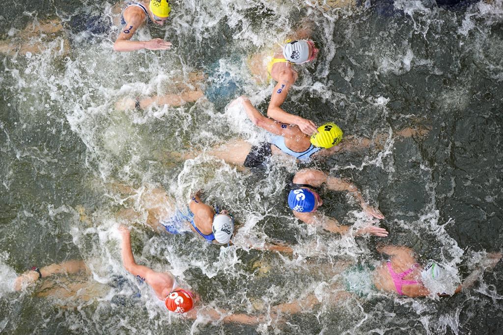 L'Australienne Natalie Van Coevorden (15), la Belge Claire Michel (5) et la Kazakhstanaise Ekaterina Shabalina (32) participent à l'épreuve de natation du triathlon individuel féminin des Jeux olympiques d'été de 2024, le mercredi 31 juillet 2024, à Paris, en France. (AP Photo/David Goldman)