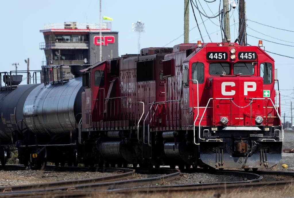 A Canadian Pacific Railway locomotive is shown at the main CP Rail trainyard in Toronto on Monday, March 21, 2022. Rail strike possible as of Aug. 22 after labour board rules services non-essential. The country's labour tribunal says services by rail employees do not amount to essential work, opening the gate to a full-fledged strike in less than two weeks.THE CANADIAN PRESS/Nathan Denette