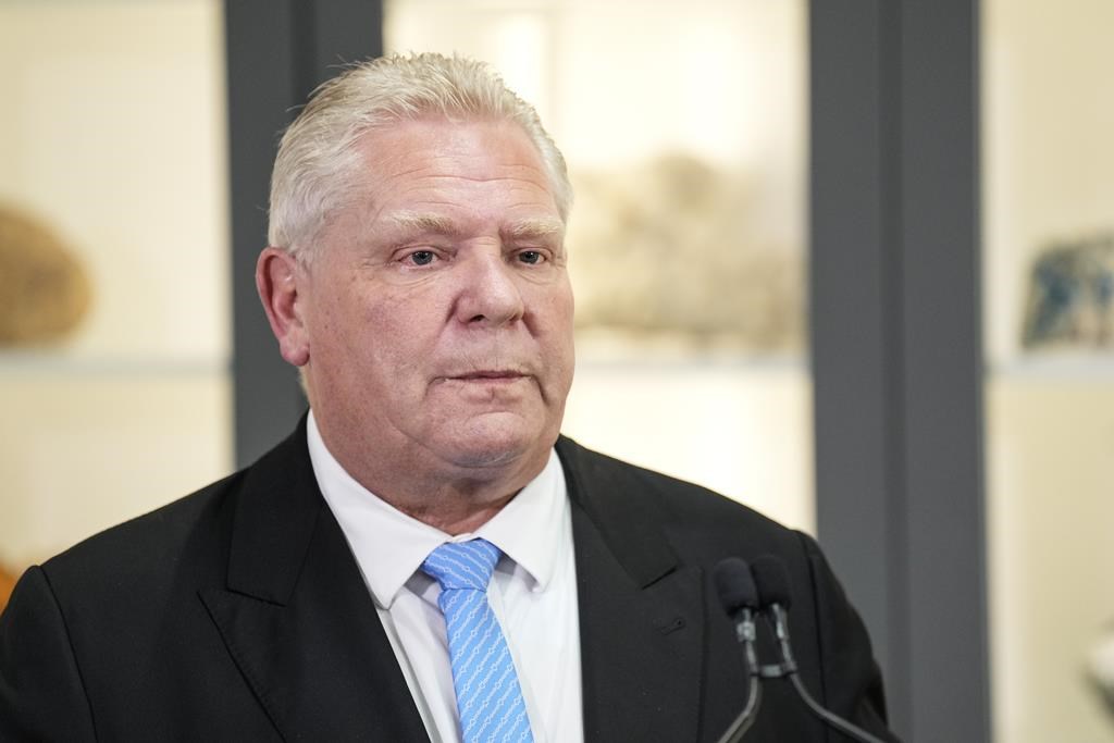 Ontario Premier Doug Ford attends an announcement in Toronto on Monday, Jan. 13 2025. Ford says provincial officials estimate that U.S. president-elect Donald Trump's proposed tariffs on Canadian goods could cost up to half a million jobs.THE CANADIAN PRESS/Chris Young